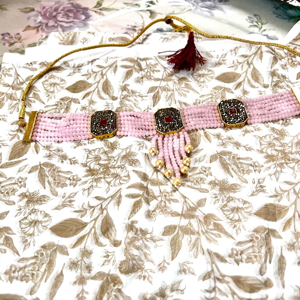 Brand New!Stunning Rose Quartz Necklace embedded w Rubies &Dark grey stones - Picture 4 of 16